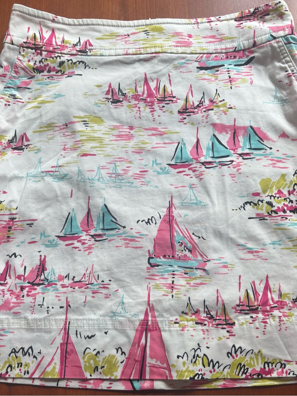 Talbots White A-Line Skirt with Pink, Teal & Yellow Sailboat Print